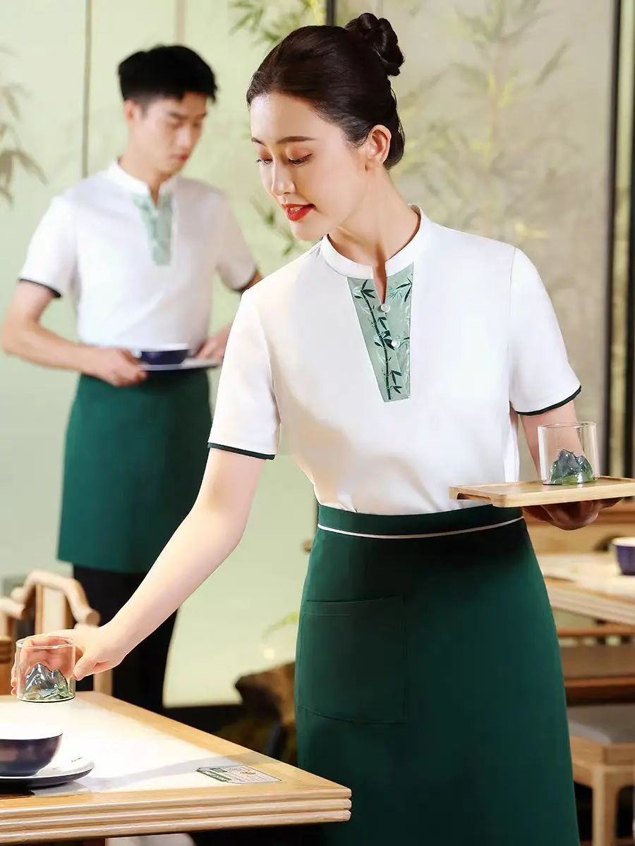 レストラン、ウェイターの作業服、半袖、ホテルのホットポット、teahouseレセプション、送料無料のオリエンタルユニフォーム
