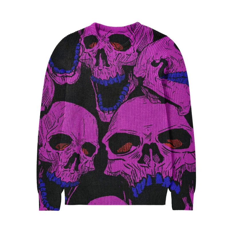 

Men Retro Knitted Shirt O-Neck Vintage Jumpers Halloween Skull Print Top Pullover Mens Gothic Fashion Couple T-shirt Man Clothes