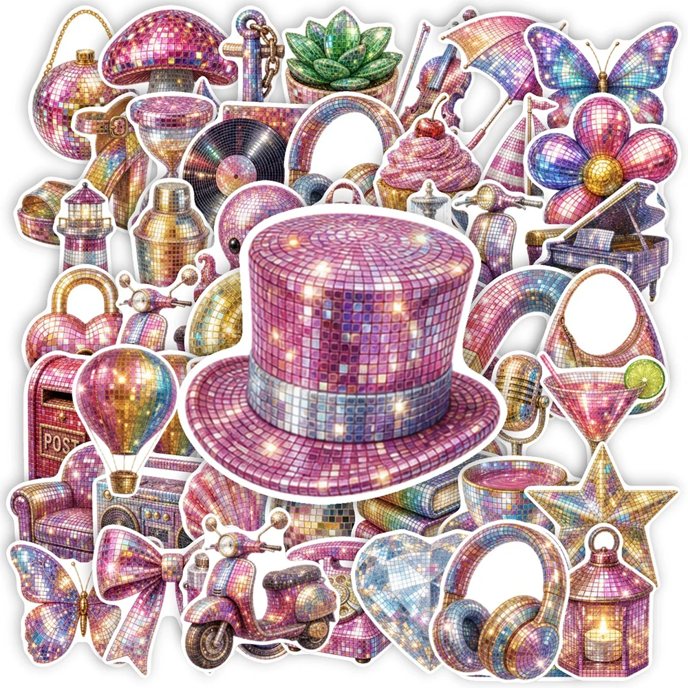 10/30/50pcs Retro Aesthetic Pink Disco Glitter Stickers Cartoon Graffiti Decals DIY Motorcycle Helmet Laptop Cute Sticker Decor