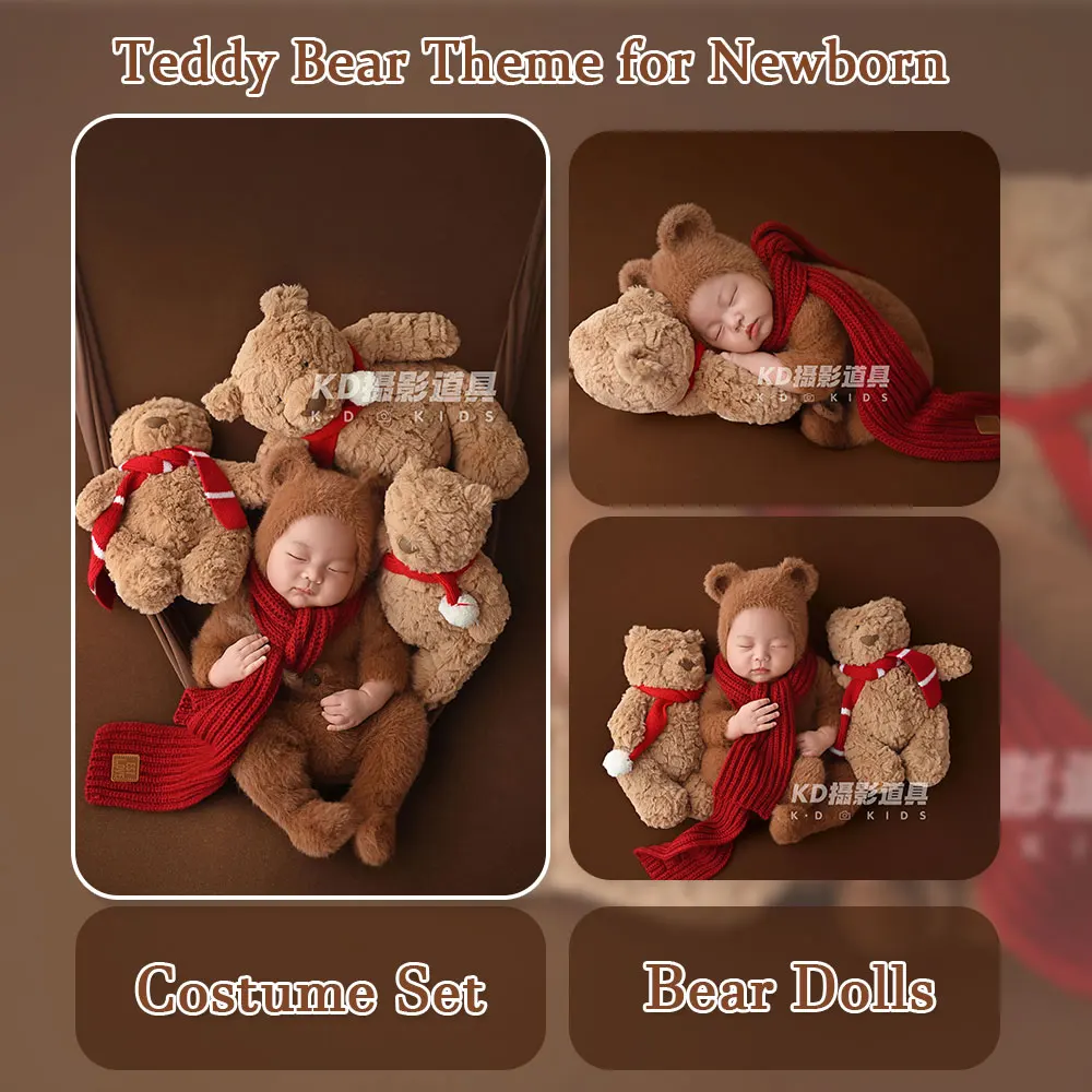 Perlengkapan Fotografi Bayi Baru Lahir 0-1 Bulan, Pakaian Rajut Gaya Boneka Beruang dengan Topi Senada dan 6 Boneka Beruang Romper Berkaki