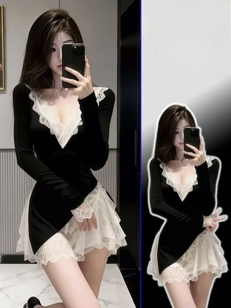 

plus Size Retro Casual Versatile Age-Defng Long Sve V-Ne Dr Women's Faion Spring Elely Waist-Cinching Slimmin...