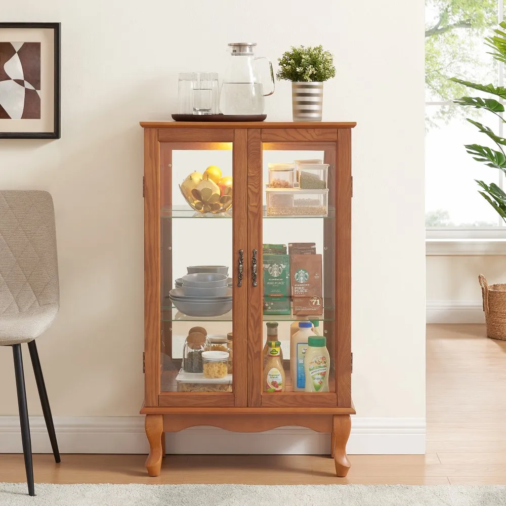 Elegant 2-Door Curio Cabinet with Tempered Glass Doors, Mirrored Back Panel