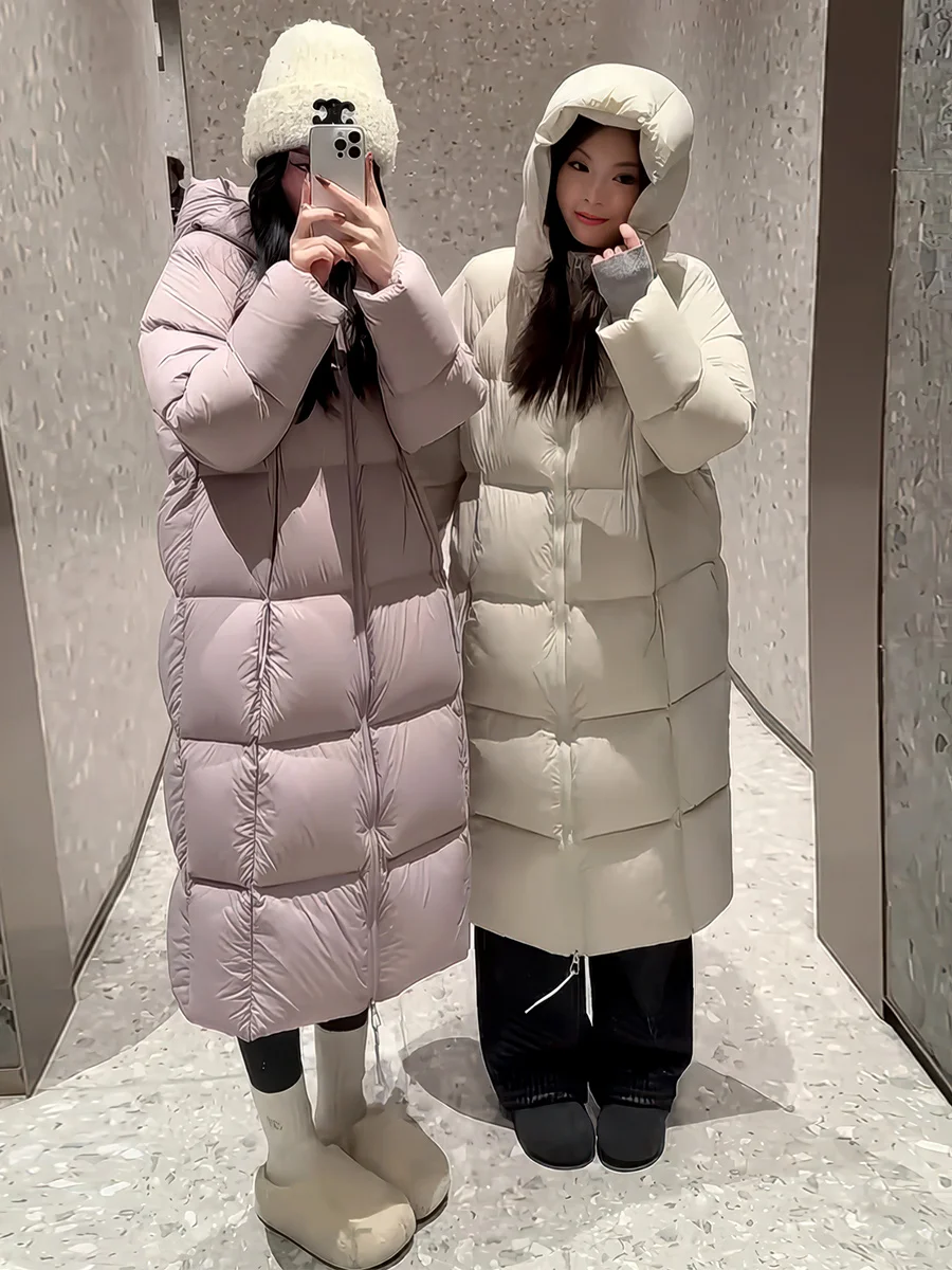 

Женская пуховая куртка Cloud Puff White с капюшоном, до колен, в корейском стиле, теплая, прямого кроя, на молнии