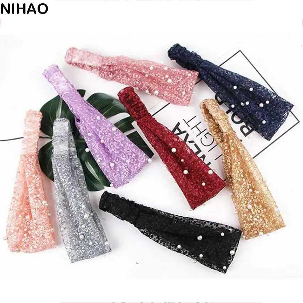 

Make up Face Wash Pearls Fashion Design Korean Style Hair Wear Wide Side Hairband Women Hair Accessories Organza Headband
