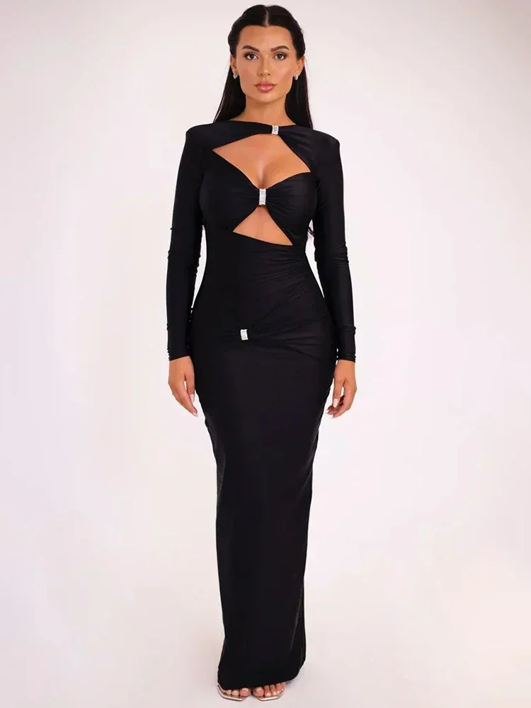 Elegant Hollow Out Long Sleeve Sexy Maxi Dress for Women Solid Color Slim Fit Cut Out Club Party Long Dress New