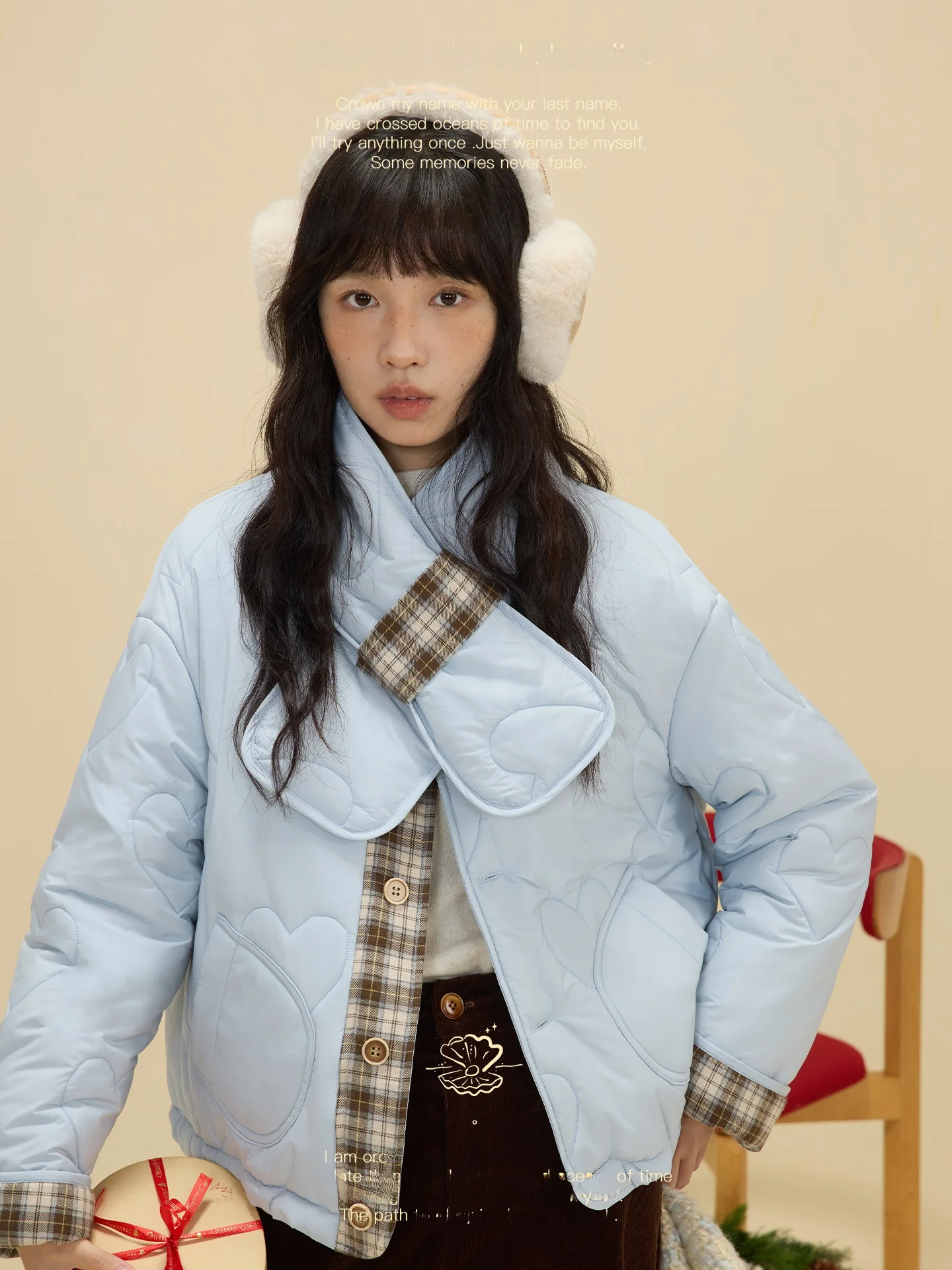 

Nov Et Plaid Scarf Spliced Cotton Jaet Vintage Loose Fit Long Sve Zipper Closure Pure Color Winter Outerwear