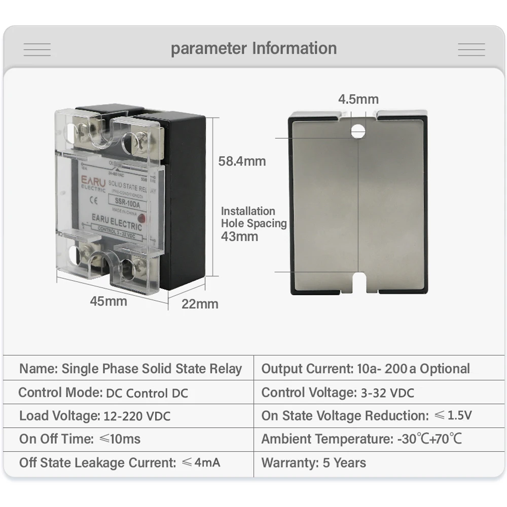 SSR-25DD SSR-40DD SSR 10A 60A 100A Single Phase Solid State Relay Module DC 3-32V Input DC 12-220V Output Voltage Transformer