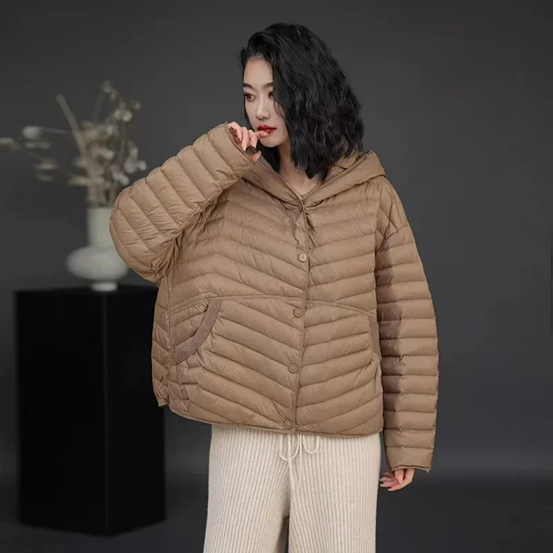 Women White Duck Down Jacket Ultra Light Batwing Sleeve Hooded Puffer Jacket Single-breasted Loose Casual Autumn Winter Outwear