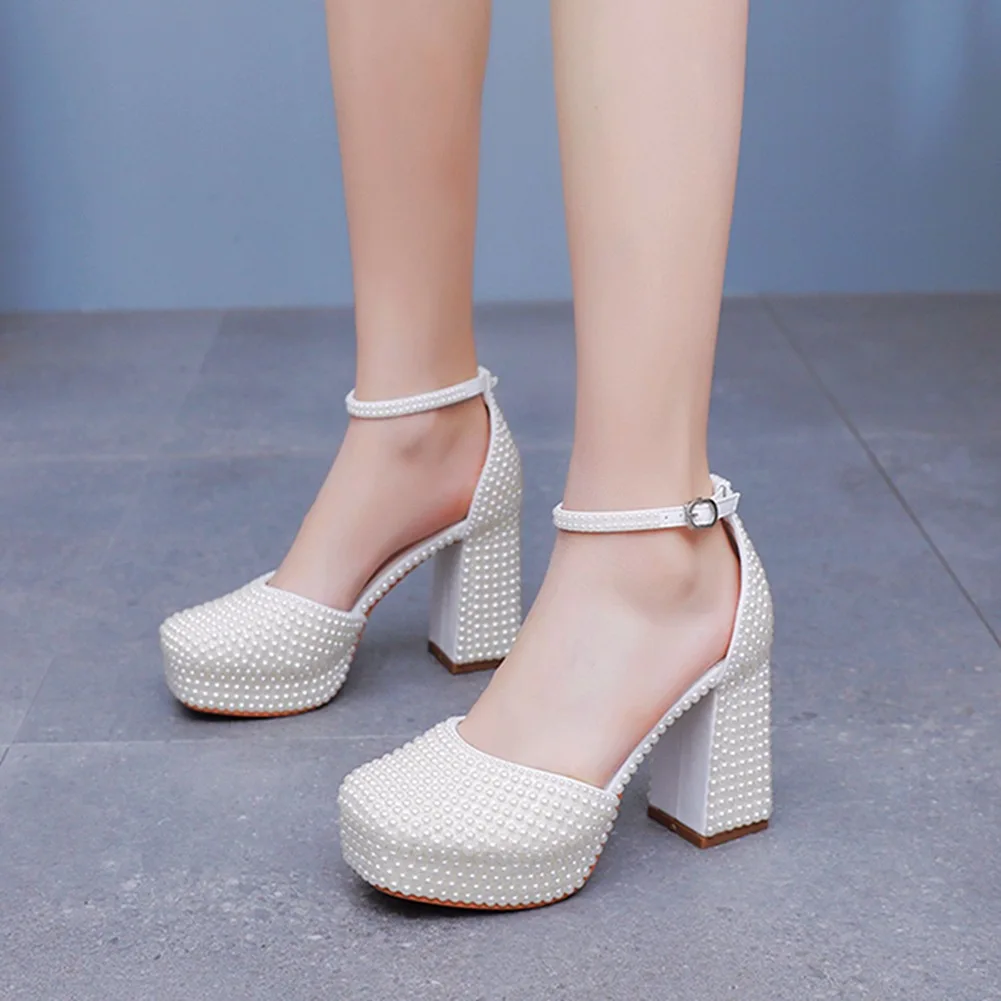 

Summer new square toe pearl lace square heel waterproof platform wedding shoes banquet large size high-heeled women's sandals