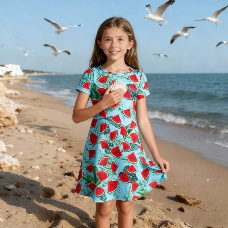 

2026 Girls Summer Watermelon Printed Dress Beach Resort Style Cute Short-sleeve Dress