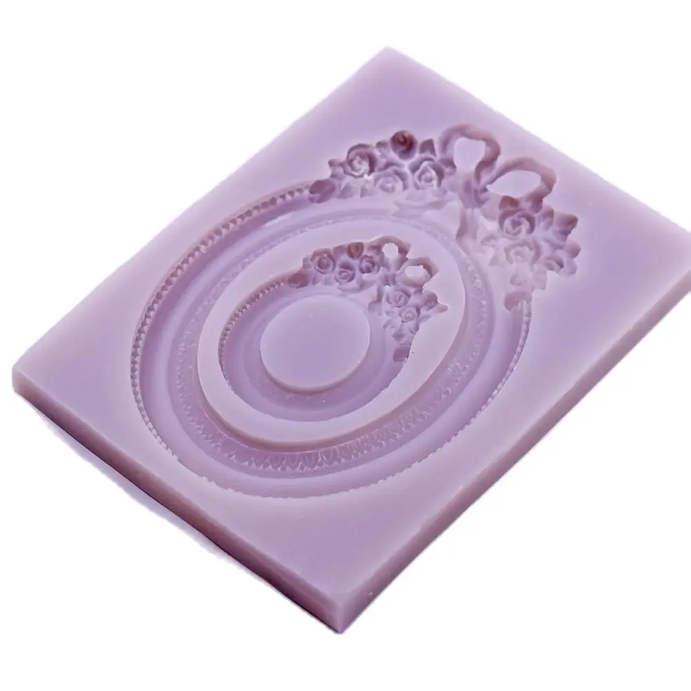 Vintage Oval Rose Bow Photo Frame Silicone Fondant Mold Cake Sugarcraft Mould Craft Embosser Wedding Baking Decorating Tool