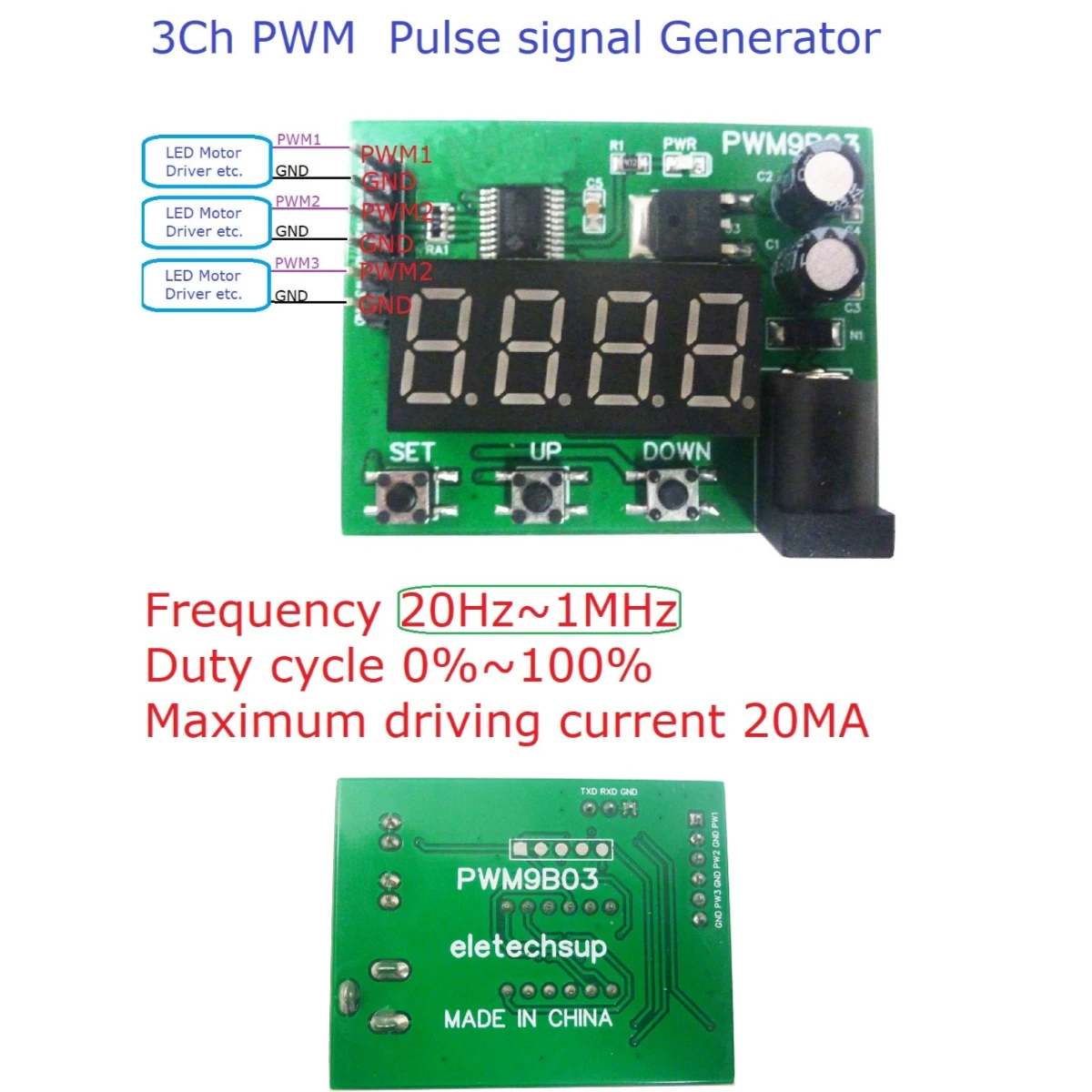 PWM9B03 3Ch 20Hz-1MHZ PWM Function Signal Generator Duty-Cycle Frequency Square Wave Adjustable Module for Arduiuo Motor LED