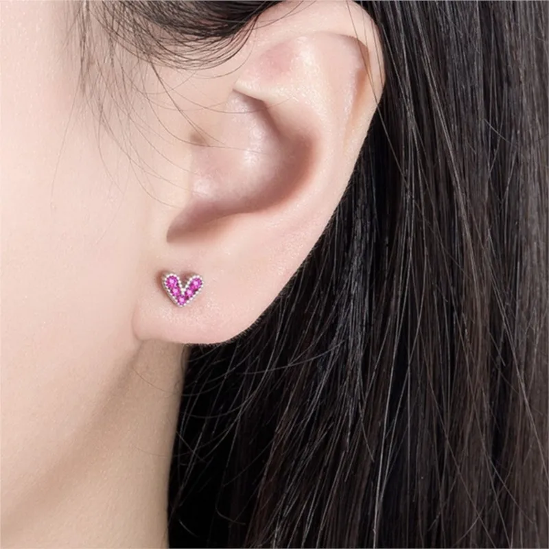 ANENJERY Rose Pink Love Zircon Heart Stud Earrings for Women Vintage Romatic Trendy Jewelry Accessories