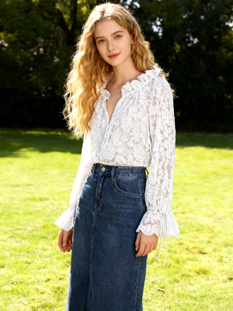 Neue Heiße Verkäufer Elegante Knöpfe Semi-Transparent Gestickte Spitze Top Sexy Strickjacke Manschetten Krawatte Langarm-shirt Sommer frauen Kleidung