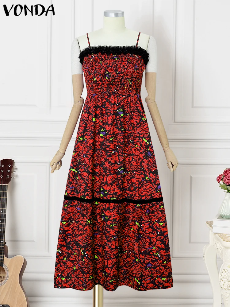 Plus Size 5XL VONDA Women Summer Evening Dress Sexy Lace Patchwork Sundress Printed Strap Party Vestidos 2025 VONDA A-Line Robe