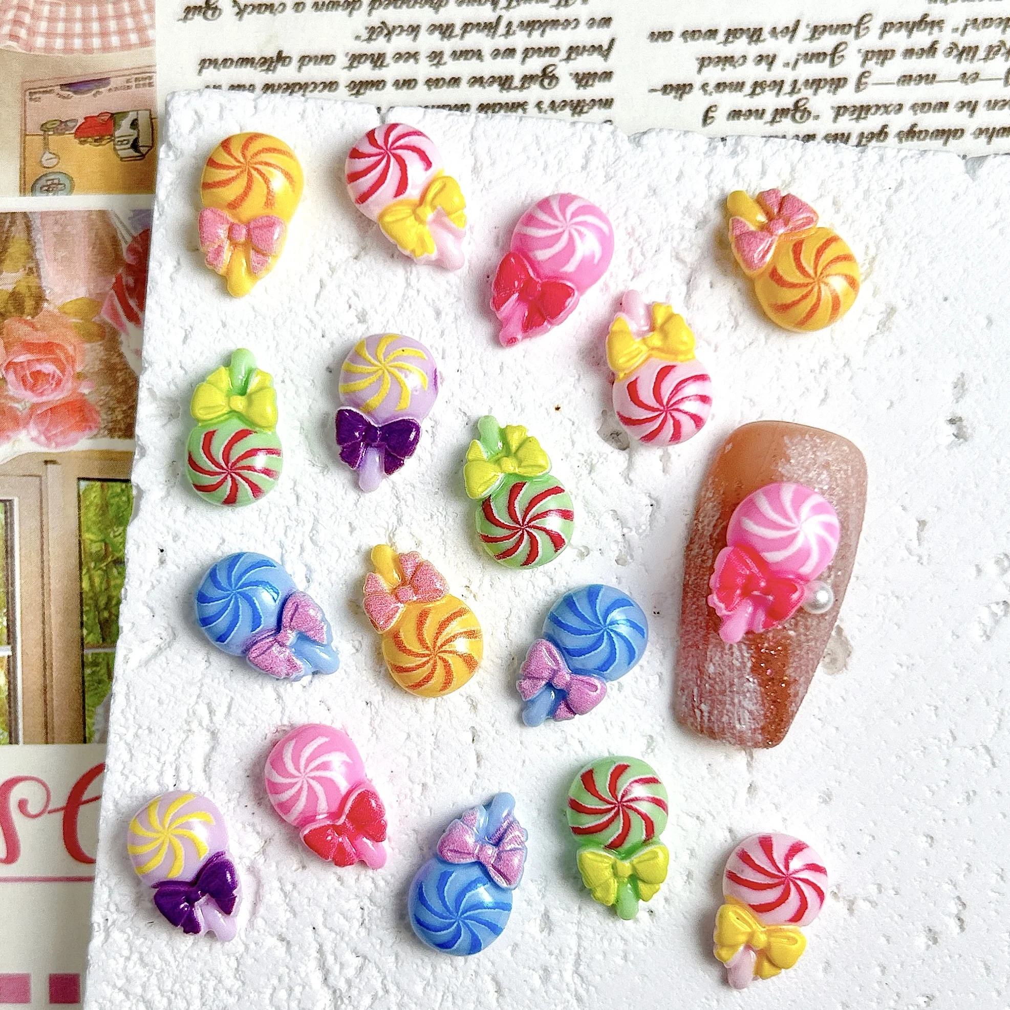

20PCS Dopamine Colored Simulated Lollipop Nail Art Decorations Cartoon Creative Bow Lollipop Resin Nail Charms DIY Nail Supplies