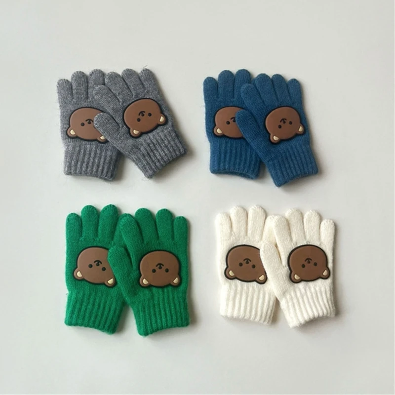 1 Pair Woolen Yarn Winter Warm Baby Gloves Thicken Knitted Baby Full Finger Mittens for 3-7 Years Children Outdoor Skiing Gloves