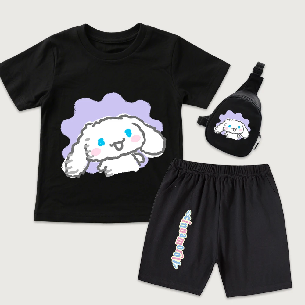 

Детская хлопковая футболка с фиолетовым вишневым принтом Cinnamoroll, шорты, мини-сумка на грудь, комплект из 3 предметов, летняя одежда для маленьких мальчиков и девочек