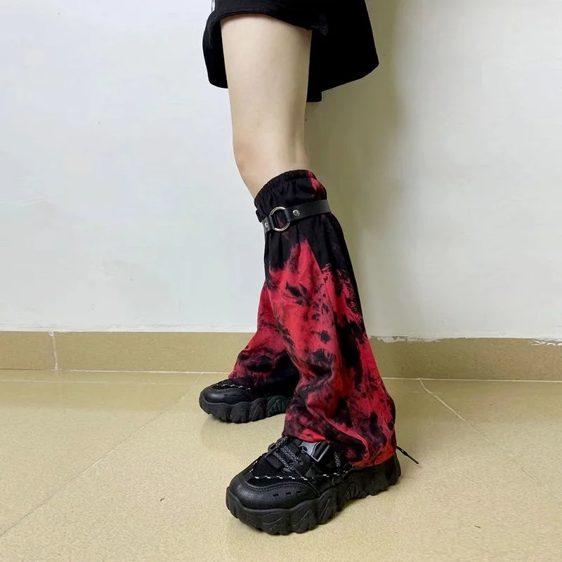 KOSAHIKI Punk Girl Goth Leg Warmer Black Red Tie Dye Lady Ninja Harajuku Gothic Foot Covers PU Strap Long Sock Chic Streetwear