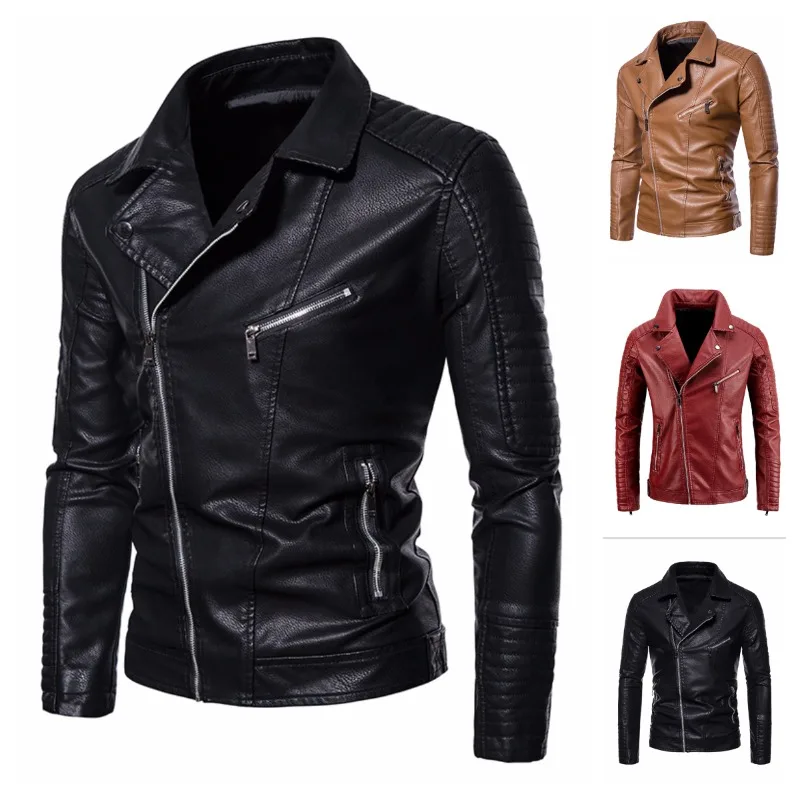 

Autumn and Winter Trend Personalized Polo Neck Motorcycle Wear Leather Coat Korean Version Handsome PU Men's Leather Jacket Coat