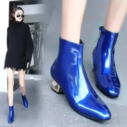 Women Boots Shiny Patent Leather Autumn Winter Shoes Woman Spuare Toe Block Heels Peluche Ankle Boots Female Botas Mujer 35-46