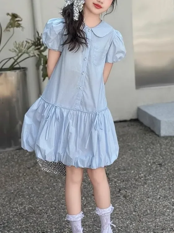 

Summer Cotton Dr Doll Collar Girls Clothing Big Kids Summer Outfit Children's mid Waist Princ Skirt Sweet Sle ort S...