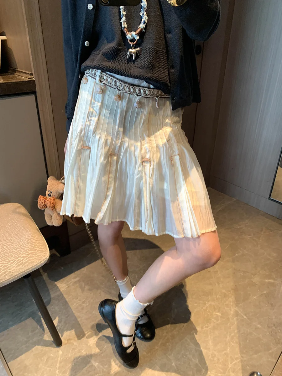 

Весенняя женская повседневная юбка А-силуэта с высокой талией, однотонная, с поясом, из сетчатой ткани, с плиссировкой.