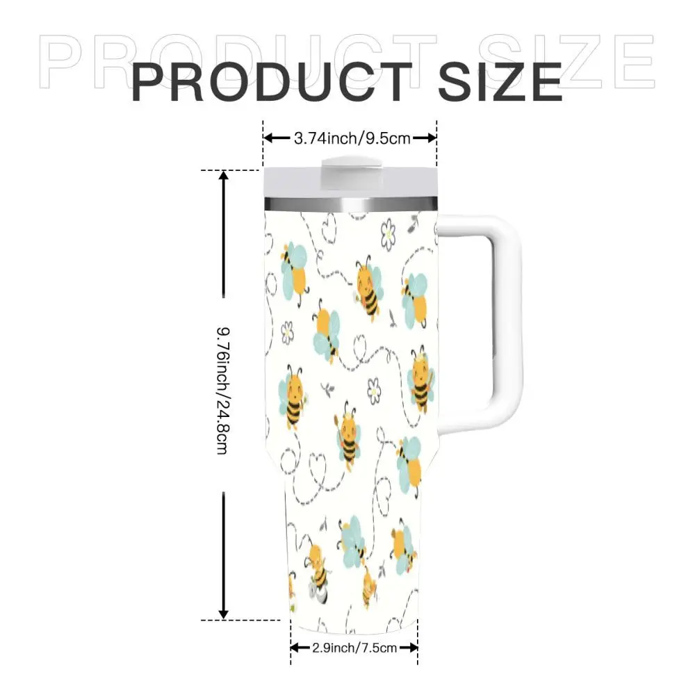 40oz Tumbler with Handle and Straw, Cute Bee Pattern Stainless Steel Insulated Cup, Double-Wall Vacuum Travel Mug Keeps Cold 12h/Hot 6h, Leak-Proof Lid for Office, Home, Car, Perfect Birthday Gift for Women and Kids, Unique Spring Themed Present