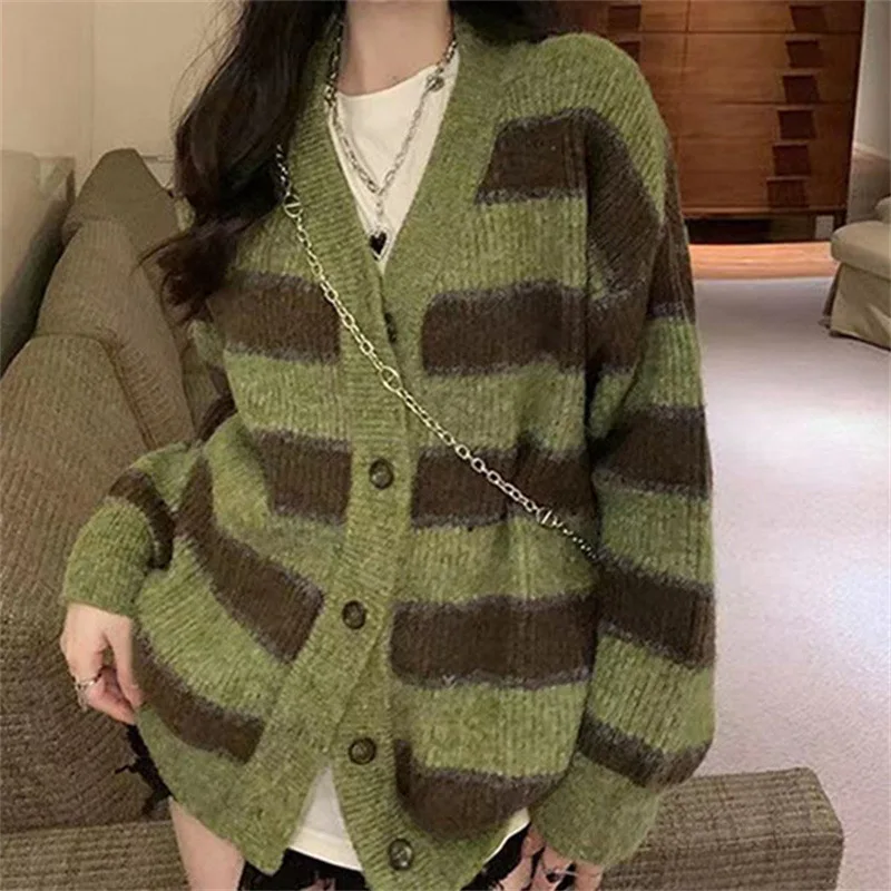 Sweater  Jumper V-neck Fasionable Autumn Winter Chic Striped Chill Knittted Korean Fashion Loose