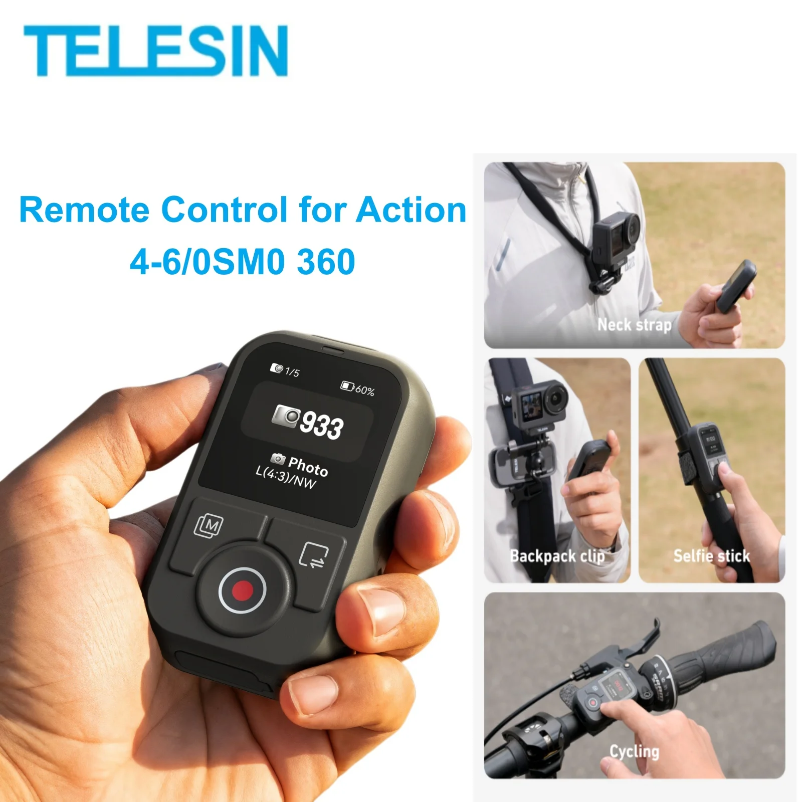 

TELESIN 60M T13 Smart Bluetooth-compatible Remote Control With Wrist Strap Screen Display For DJI OSMO Action 6 5pro 4 OSMO 360