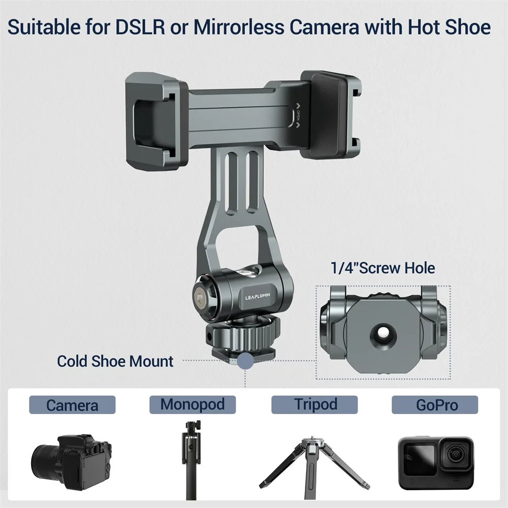 Uchwyt na telefon do kamery LEAPLIGHT z mocowaniem typu hot shoe, adapter do monitora i statywu z gwintem 1/4 / zimną stopką do iPhone 16 15 14 13 12 Samsung, mikrofonu i lampy — zdjęcie produktu 6