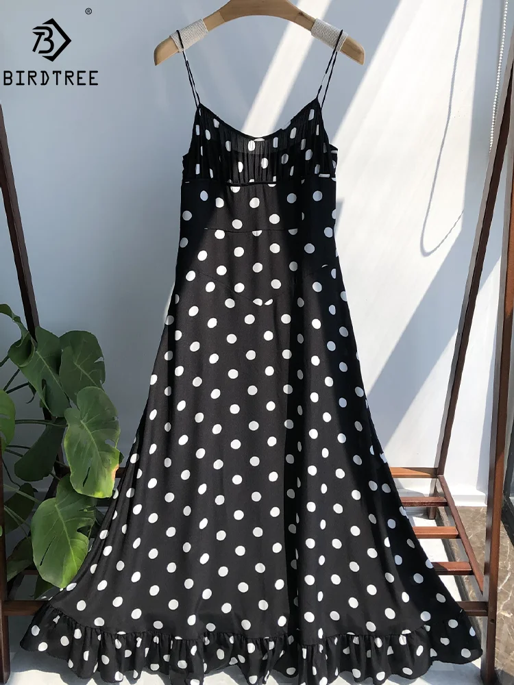 

BirdTree 16MM 100%Real Silk Elegant Crepe Dresses, Women Sleeveless Polka Dots, Retro Fashion OL Dress, 2024 Summer New D44311QM