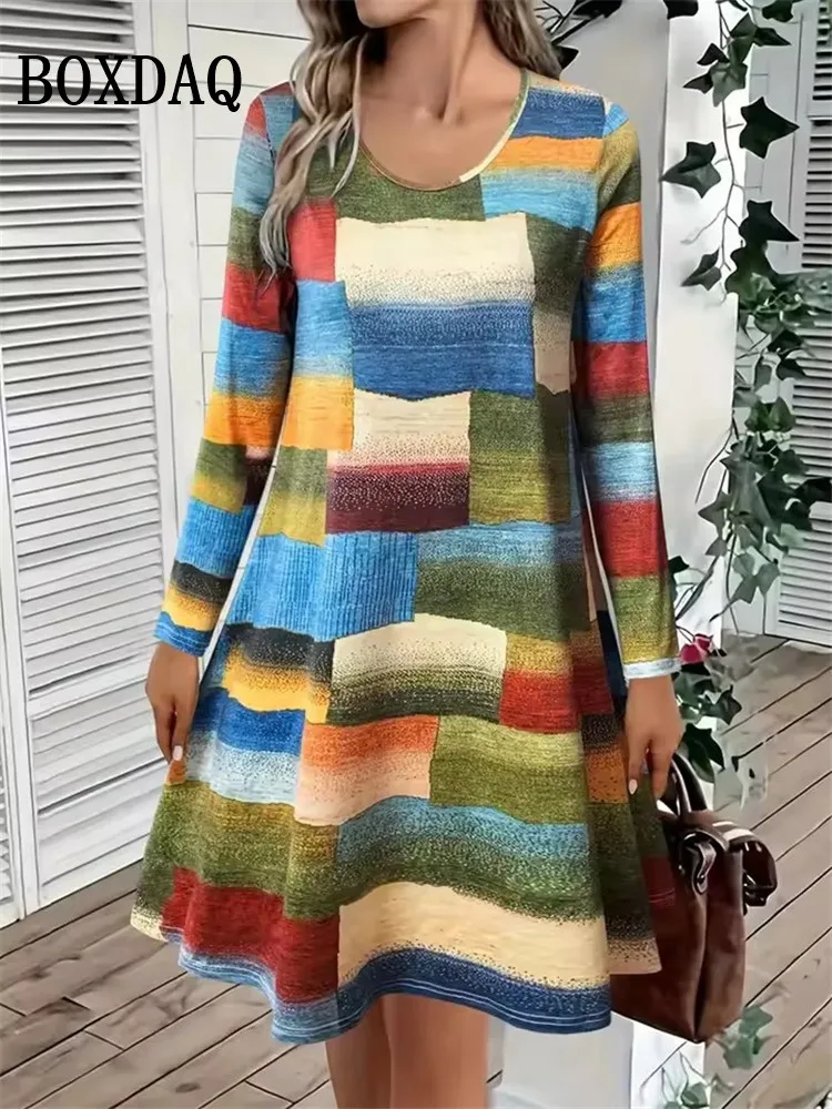 

Новинка 2023 года, осеннее женское платье с длинным рукавом, повседневные мини-платья с круглым вырезом, модные элегантные красочные полосатые платья трапециевидной формы с 3D принтом