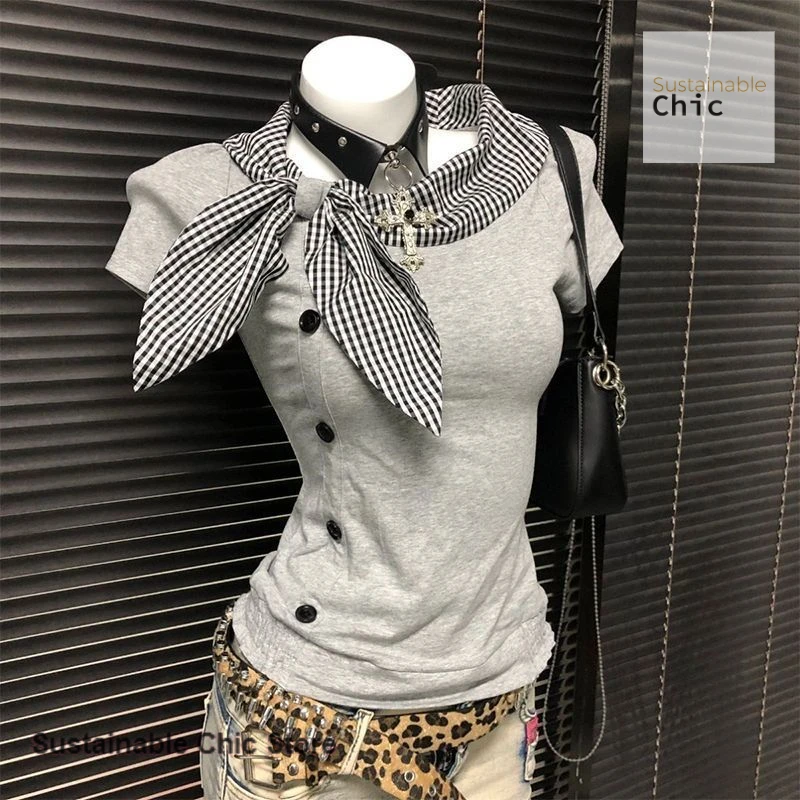 

American grey bow irregular short-sleeved T-shirt women's spring and summer new fashion temperament plaid navy collar coat