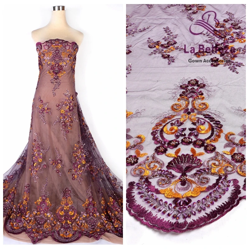 New La Belleza 2024 Dark purple mixed gold beaded and sequins embroidery dress women clothing fabric