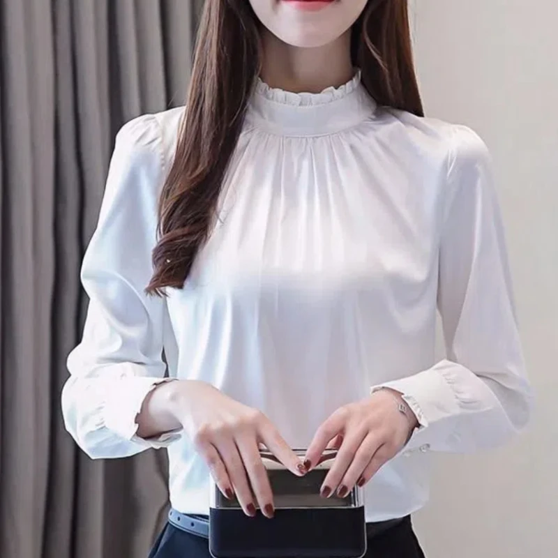 2024 Spring Autumn New Korean Commute Women\'s Satin Loose Blouses Long Sleeve Printed Spliced Ruched Pullover Ruffled Neck Shirt