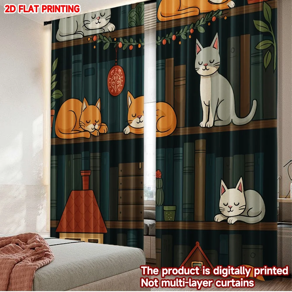 2D flat printing 2pcs Window Curtains Christmas Cats on Bookshelves Digital Printed Polyester Drapes Party Decorations for
