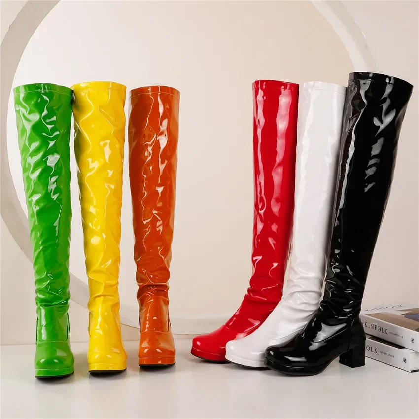 Plus Size Women Thigh High Boots Black Patent Leather Block Heel Sexy Party Lady Roud Toe Winter Zipper Over Knee Platform Shoes