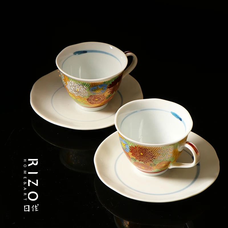 Japanese Koya Yaki Ceramic Coffee Cup, Saucer, Yukiyama Kiln, Golden Wer Cake, Couple's Afternoon Tea Cup