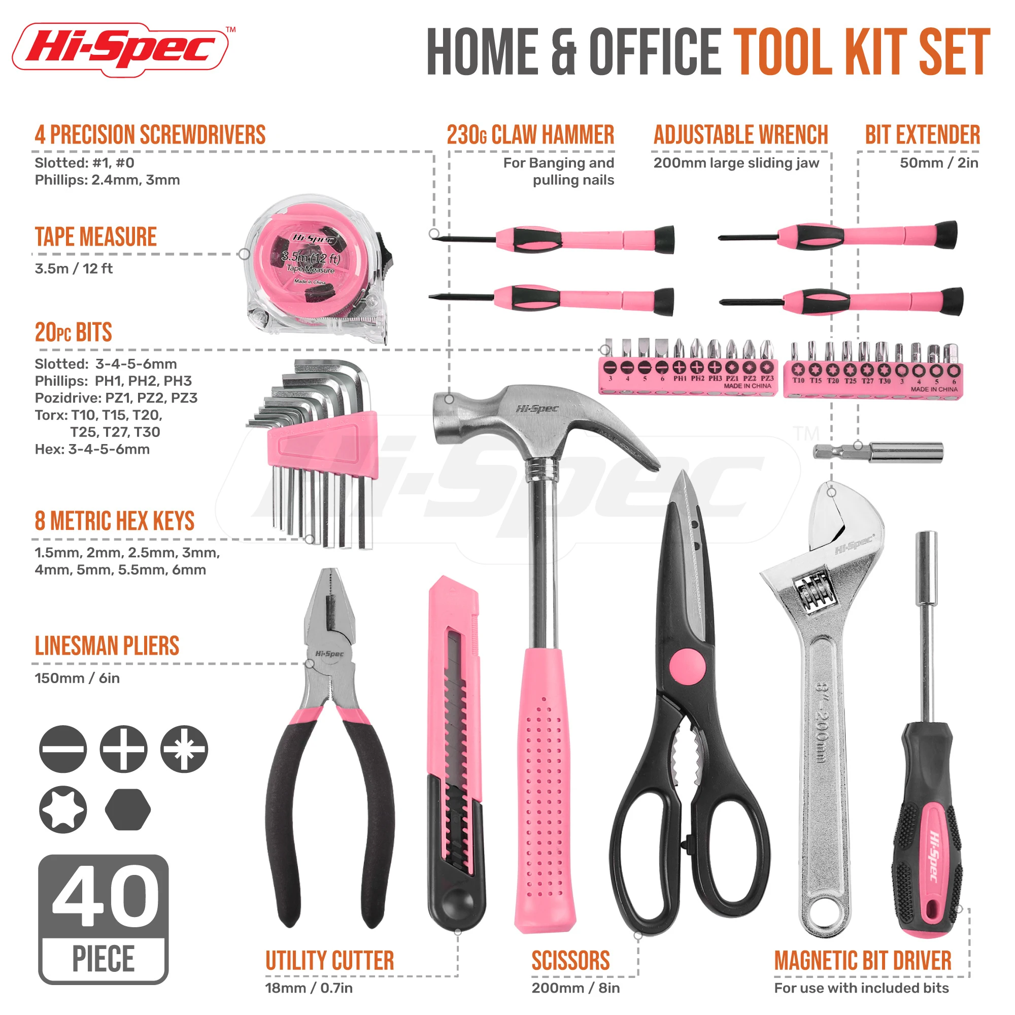 Hi-Spec 40-teiliges professionelles Heim- und Handwerkzeug-Set, magnetischer Bit-Treiber, Schraubendreher und mehrschichtiger Koffer – Damen-DIY-Kits für den Haushalt