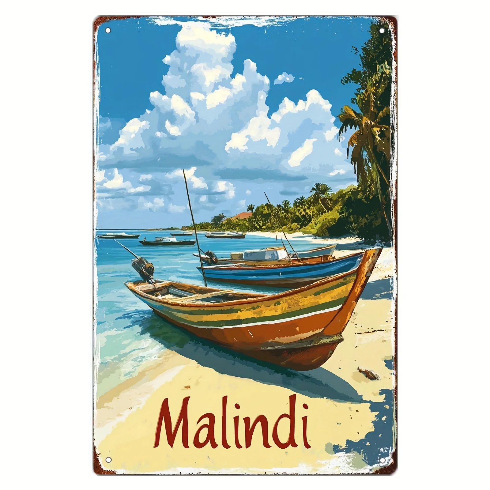 Malindi Beach Scene Metallposter – Retro-Wandkunst aus Eisen, Vintage-Küstendekoration für Wohnzimmer, Schlafzimmer, Bar, Badezimmer – Geschenk,