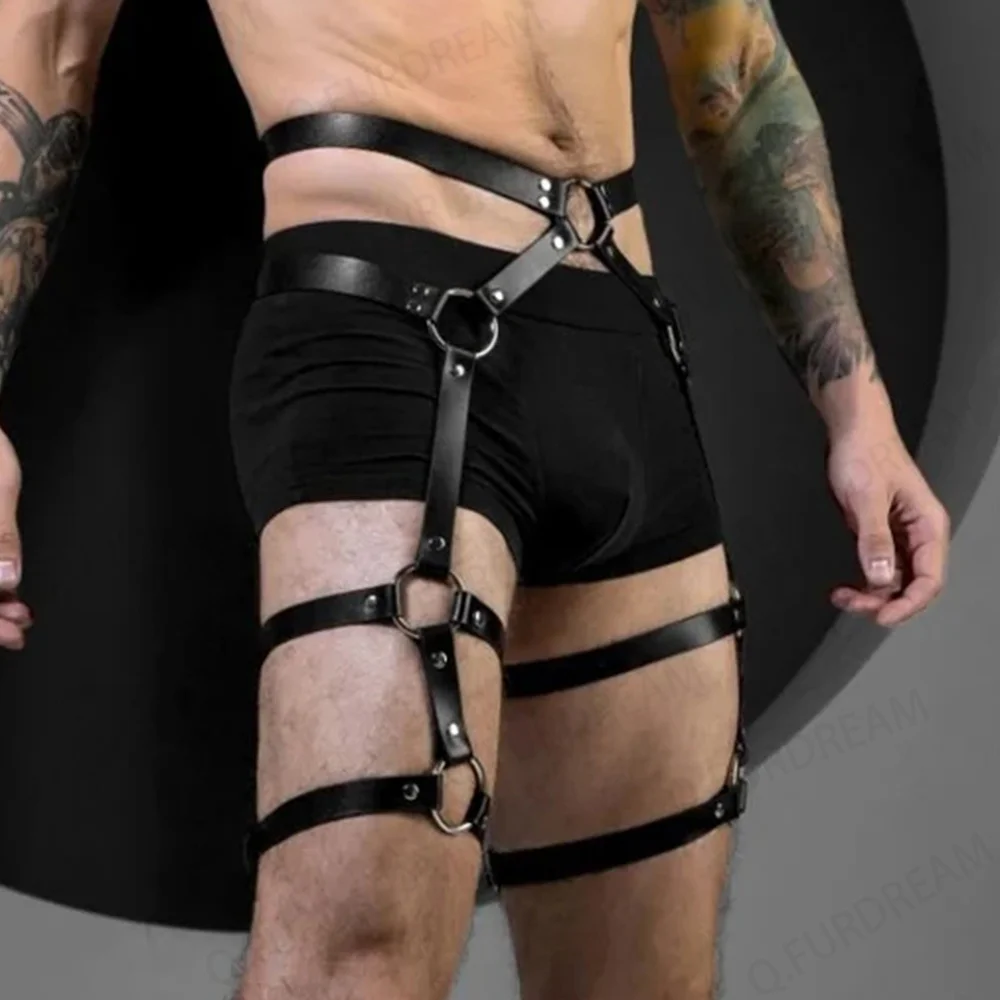 Sexy Men\'s Body Leg Harness Belts Pu Leather Adjustable Punk Style Belt for Cosplay Male Bondage Gay Party Fetish Costume