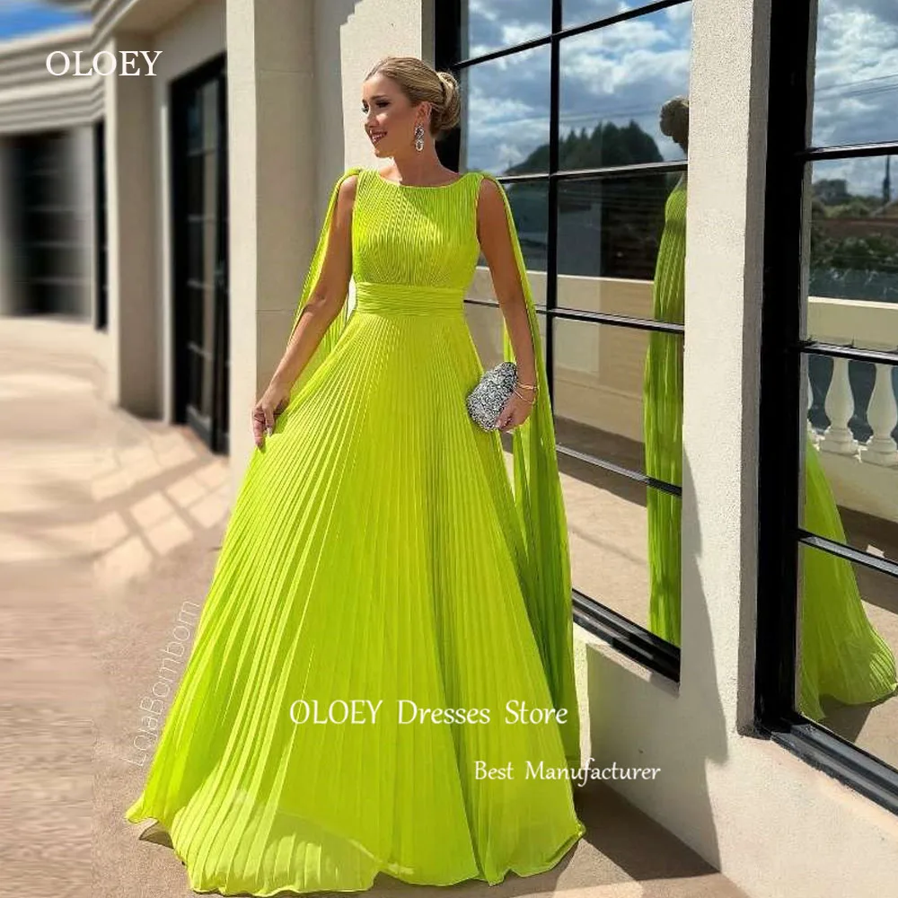 

OLOEY Bright Green Arabic Women Evening Dresses Long Cape Sleeves O-Neck Draped Prom Gowns Formal Party Dress Sexy Backless