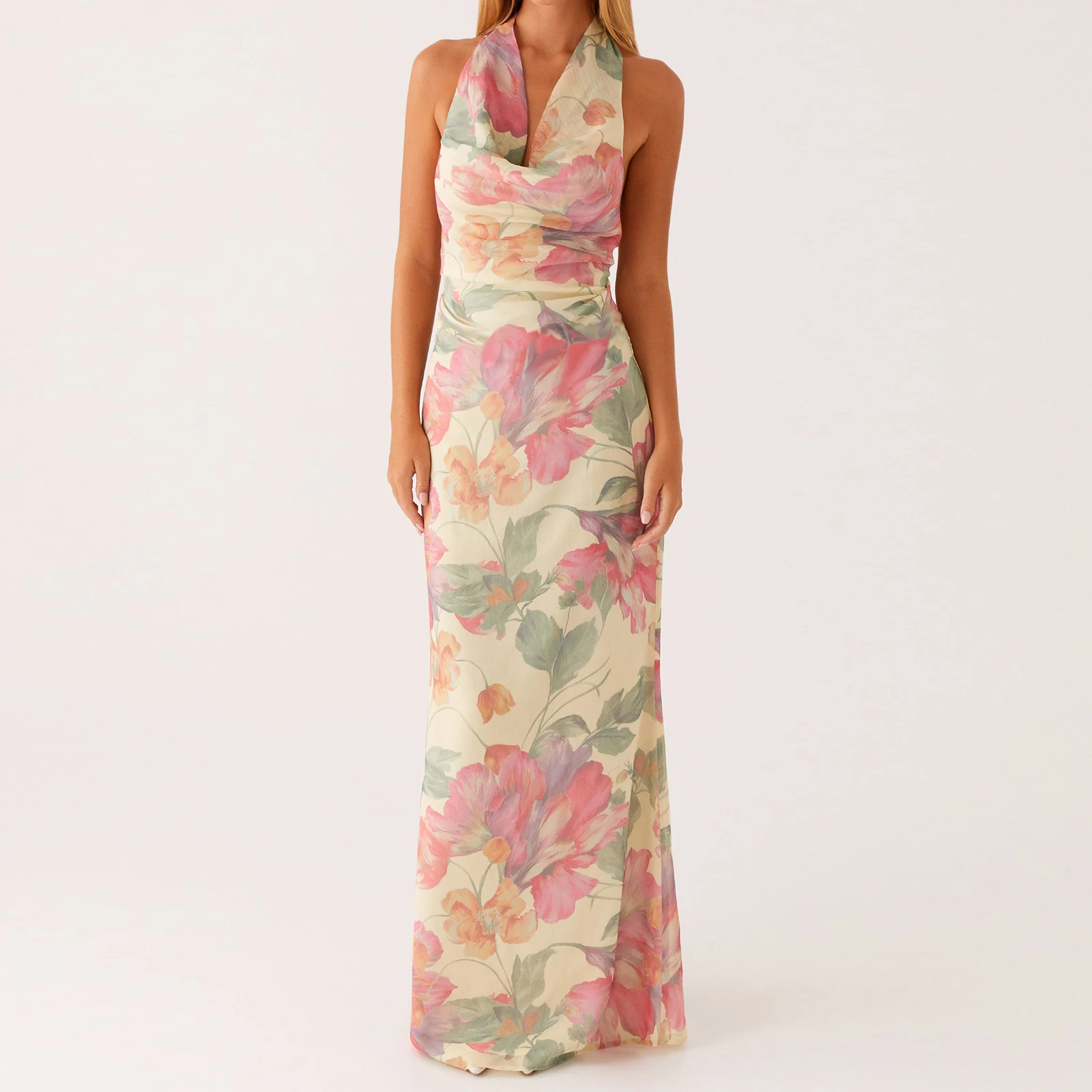 Women Summer Back Tie-up Halter Long Dresses Fashionable Flower Print Backless V Neck Slim Fit Sleeveless Dress