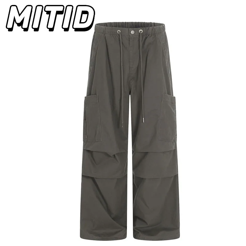 

High Street Paratrooper Pants Men Pure Cotton Casual Straight Wide Leg Pants Fashion Pleated Many Pockets Cargo Pants Men
