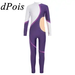 Kids Girls Patchwork Gymnastics Jumpsuits Shiny Rhinestones Skating Leotard Performance Costume Long Sleeve Full Length Bodysuit