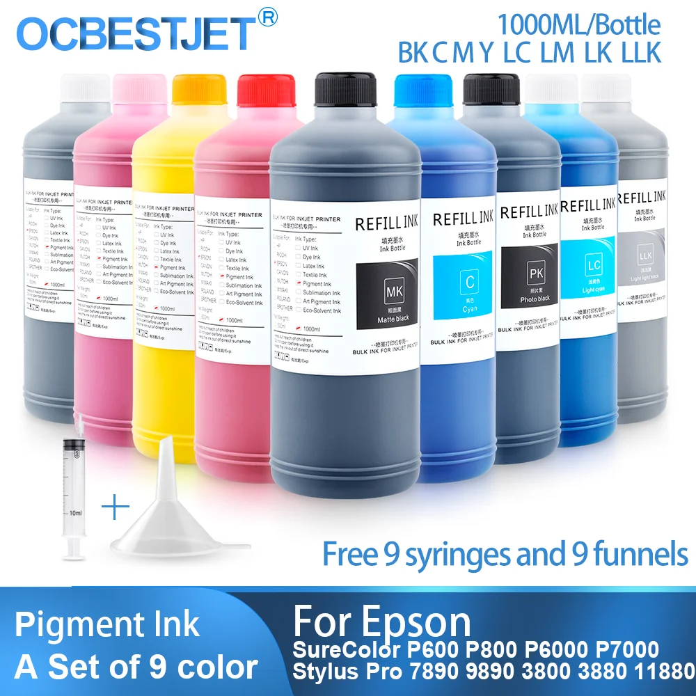 P6000 9x1000ML Universal Pigment Ink Refill Ink Kit For Epson SureColor P600 P800 P7000 Stylus Pro 7890 9890 3800 3880 11880