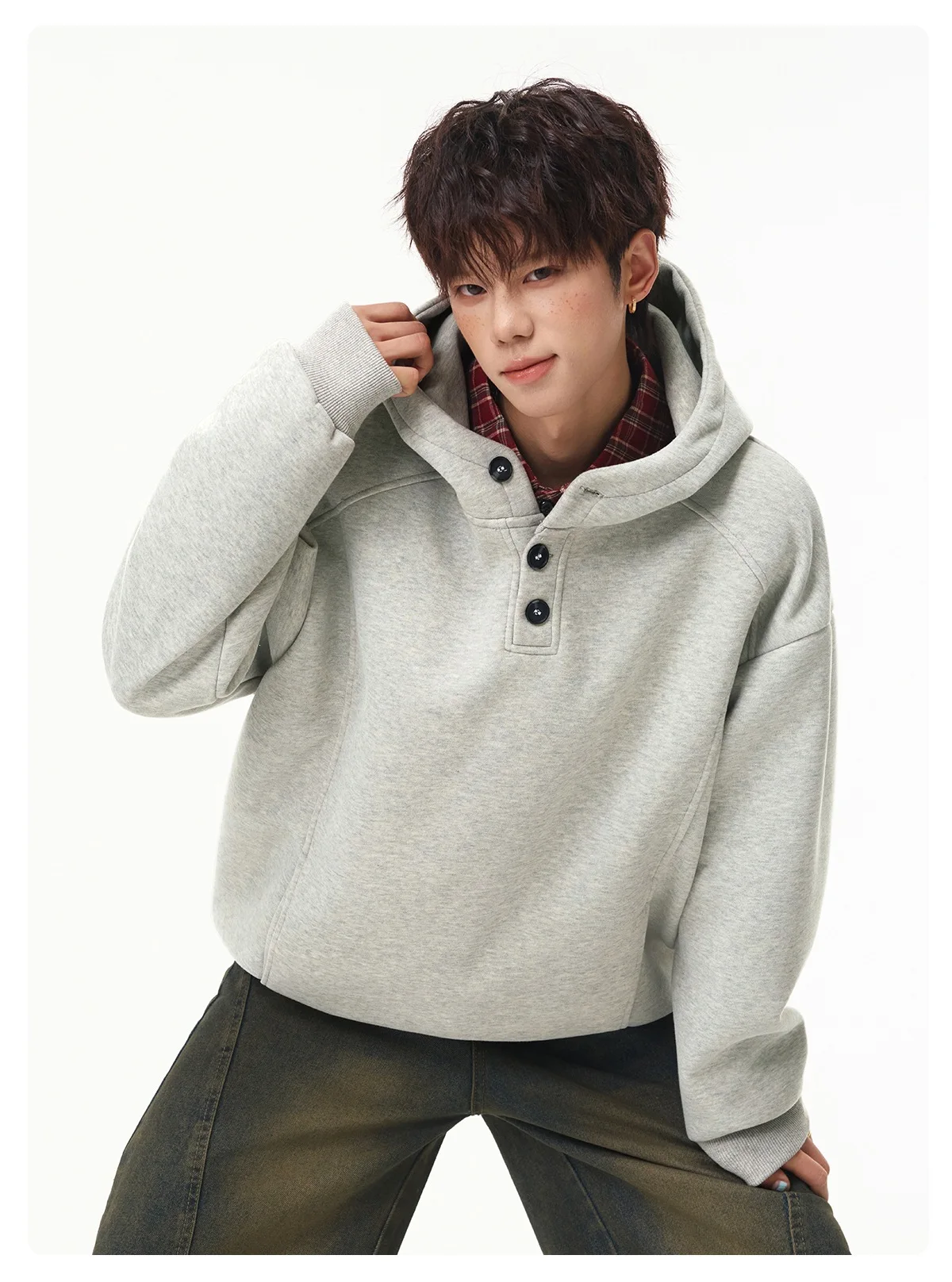 Autumn Winter New Button Half High Neck Hoodie for Men Korean Fashion Harajuku Simple Solid Men's Casual Loose Hooded Sweatshirt