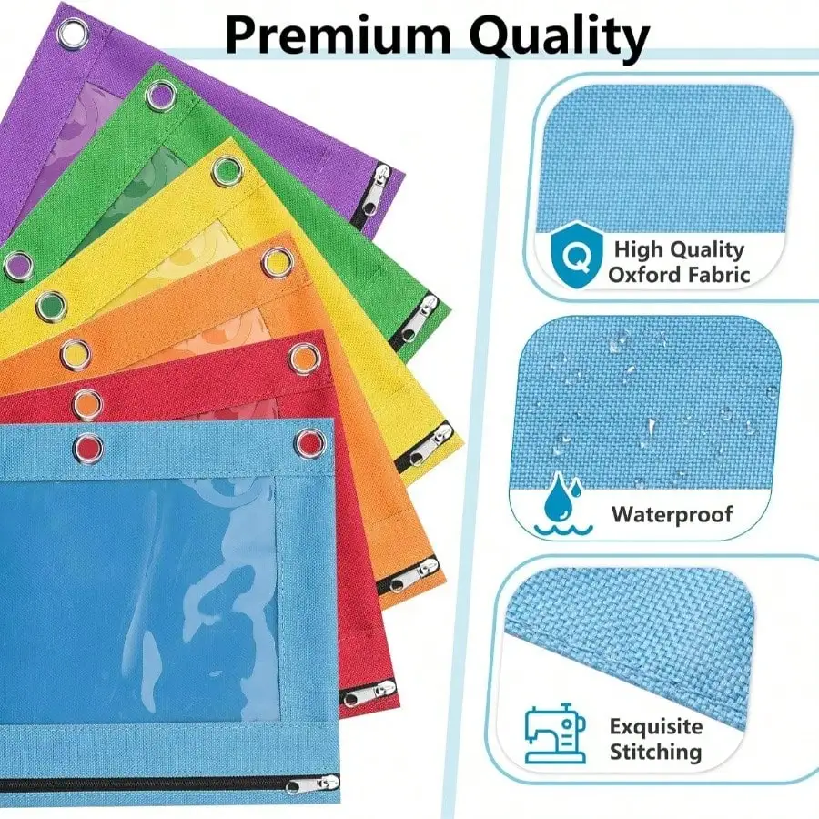 6-pakowy piórnik z segregatorem 3-ringowym, piórnik z segregatorem 3-ringowym z gładkim zamkiem błyskawicznym, wielokolorowy segregator na ołówki, piórnik z segregatorem na górze.