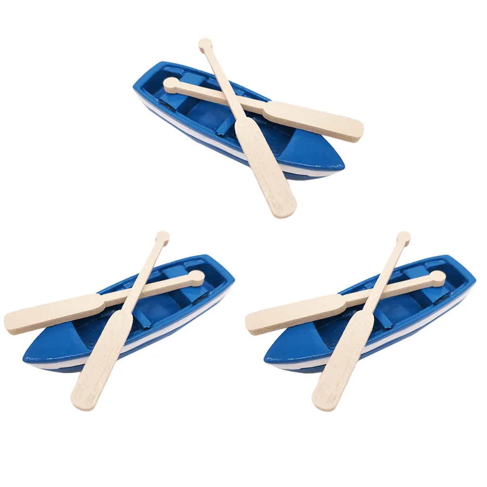 

3 Sets Mini Rowboats Blue Wooden Resin Paddles Decorative Boat Ornaments Table Car Bedroom Desktop Decor Ocean Beach Scene